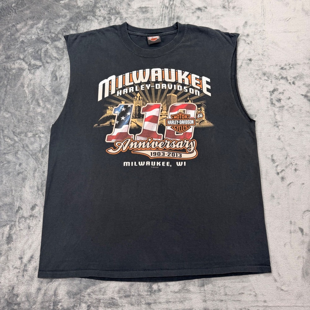 Harley 110th Anniversary Pinup Babe Sleeveless Shirt Mens XL Black Tee - Picture 3 of 9